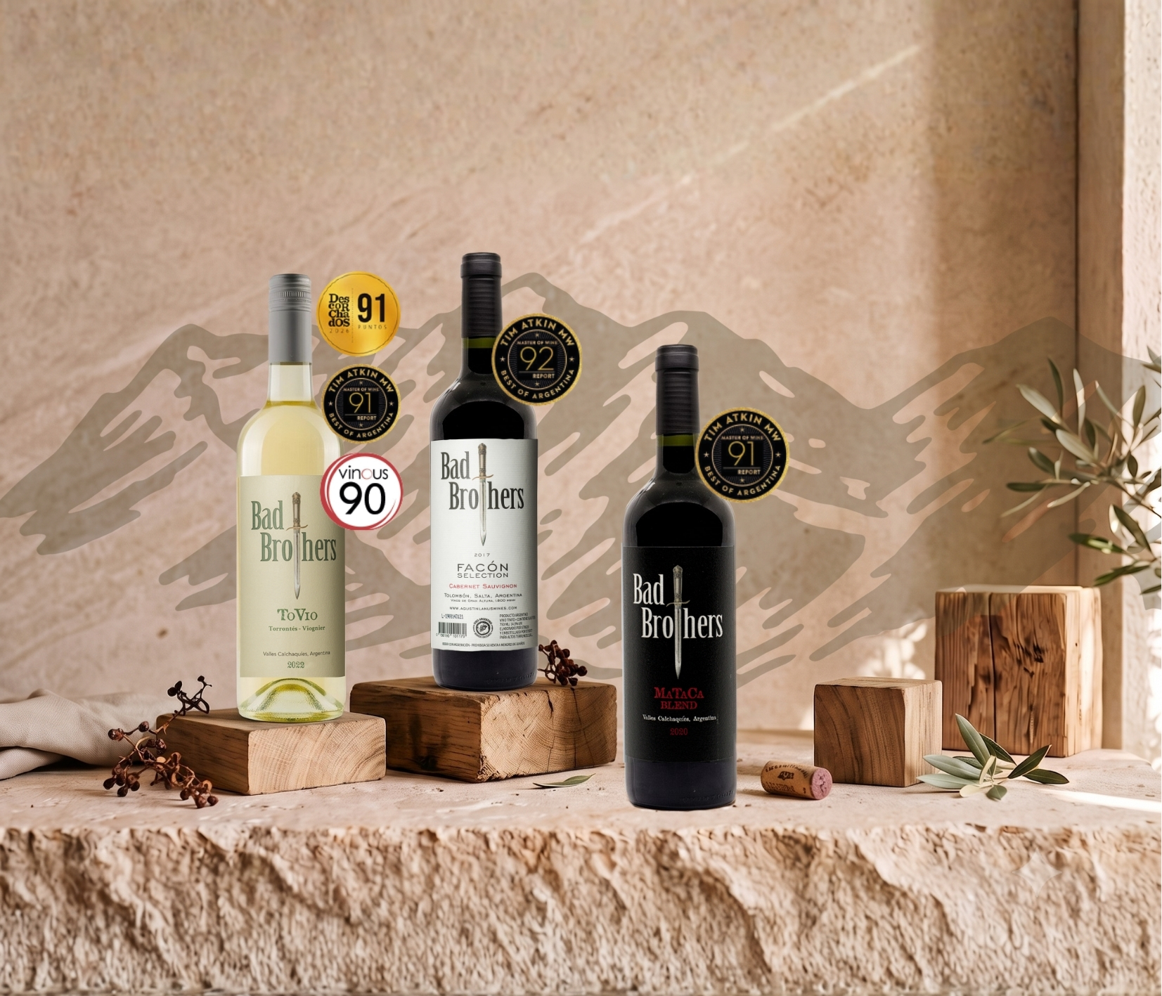 Selección de vinos de la Línea Bad Brothers en una mesa de degustación